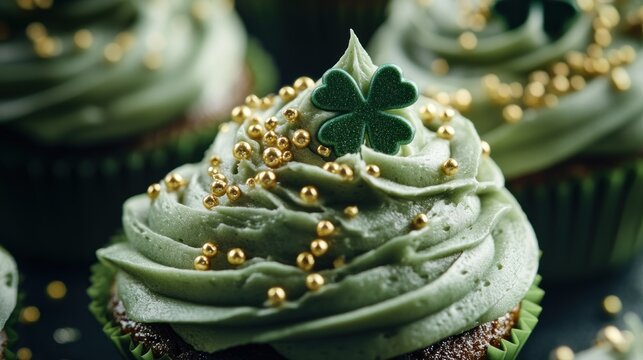 Close-up of festive green cupcakes with gold sprinkles and shamrocks for St. Patrick's Day celebration