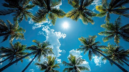 Obraz premium Bright sun above swaying palm trees on a clear day with clouds in the blue sky