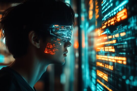 A futuristic writer working on a holographic keyboard, with floating text and story outlines projected in mid-air against a neon-lit backdrop