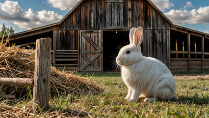  Rabbit Resting by Rustic Barn and Wooden Fence in a Countryside Setting