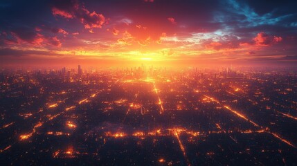 Fiery sunset over glowing city lights.