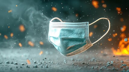 virus and contamination concept. A floating medical mask amidst smoke and sparks, representing health and safety.