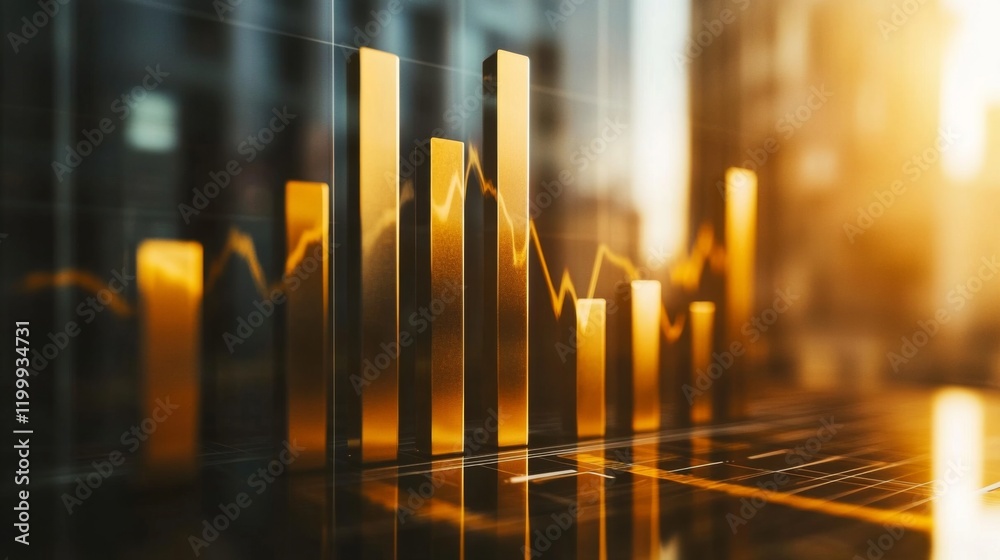 Aufkleber A D bar chart with rising, metallic bars in gradient shades, symbolizing growth and performance in a sleek, futuristic environment