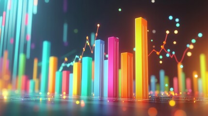 A D financial bar chart with sharp, colorful bars in an upward trend, surrounded by glowing lights and digital data points
