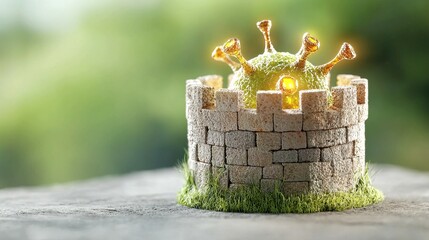 virus and contamination concept. A miniature castle with a glowing virus illustration on top, symbolizing protection and resilience.