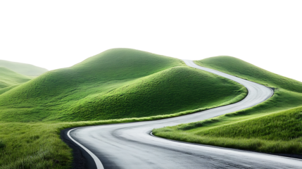Asphalt road in the middle of green mountains on a transparent background. high resolution PNG file