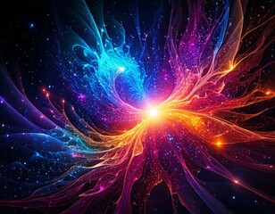 Naklejka premium Abstract neon fractal wallpaper background; geometric shapes on black backdrop