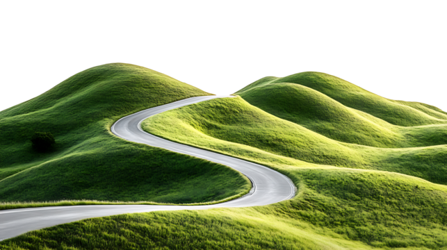 Asphalt road in the middle of green mountains on a transparent background. high resolution PNG file