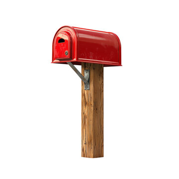 Classic Red Mailbox on Wooden Post Isolated on transparent background