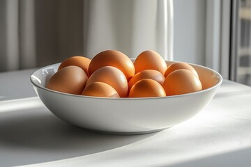 Bowl filled with fresh brown eggs on a white table in a sunlit kitchen