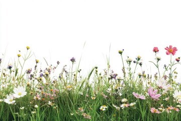 Vibrant floral scenery with green field and nature elements on a clean white canvas for stylish design projects and creative presentations