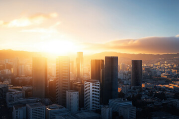 Fototapeta premium Stunning sunset over a vibrant urban skyline filled with skyscrapers and soft clouds
