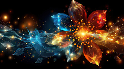Vibrant fractal flower with fiery colors and radiant symmetry background