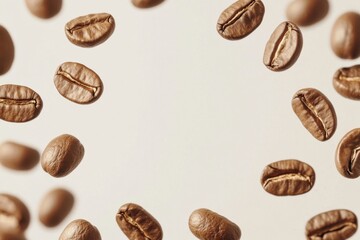 Closeup of freshly roasted coffee beans cascading into a bowl on a simple background for beverage and culinary stock photography