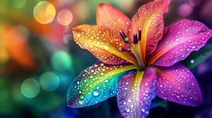 Fototapeta premium A bright, colorful flower with droplets of water on its petals, set against a blurred garden background, creating a fresh and serene scene