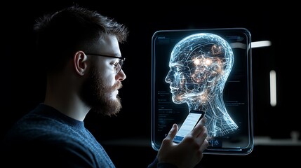 Man views digital brain scan on tablet, analyzing neural network, dark background, tech concept