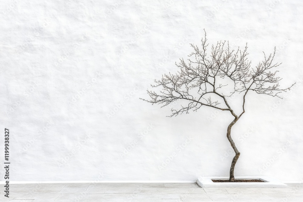 Poster A minimalist concept of a window with a single tree branch visible through it, drawn with clean lines and neutral tones