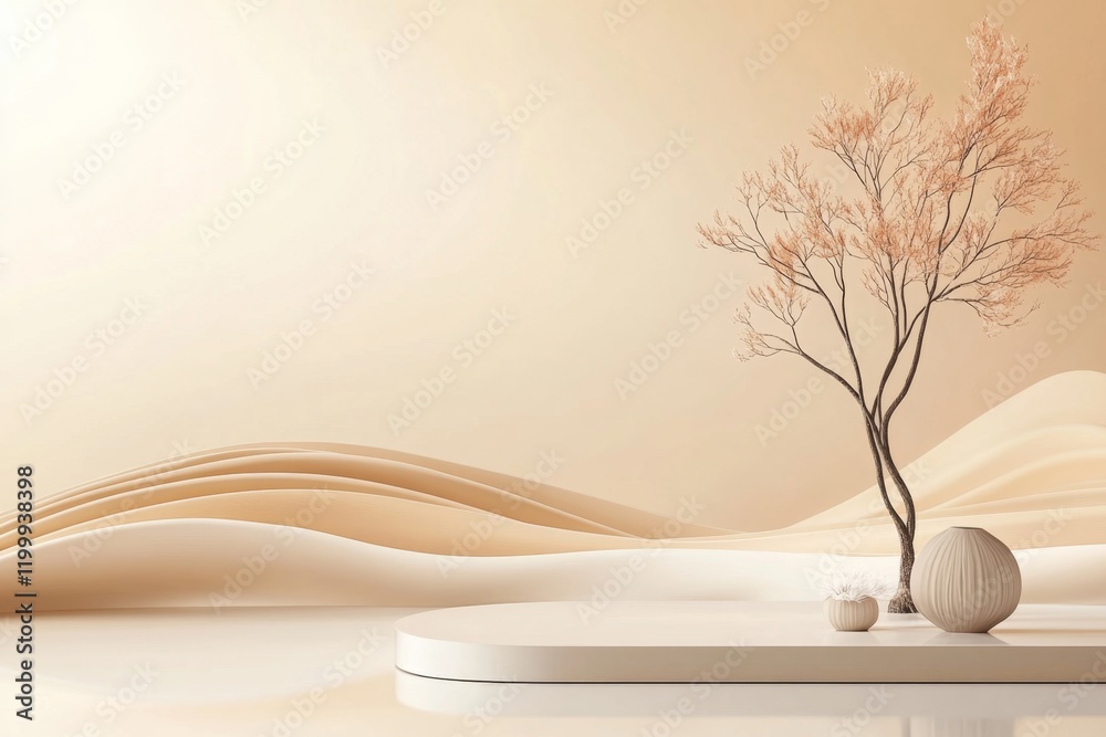 Poster A minimalist concept of a window with a single tree branch visible through it, drawn with clean lines and neutral tones