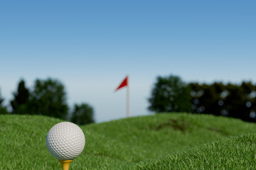 A golf ball on a tee with a flag in the background, set against a clear blue sky. 3d rendering