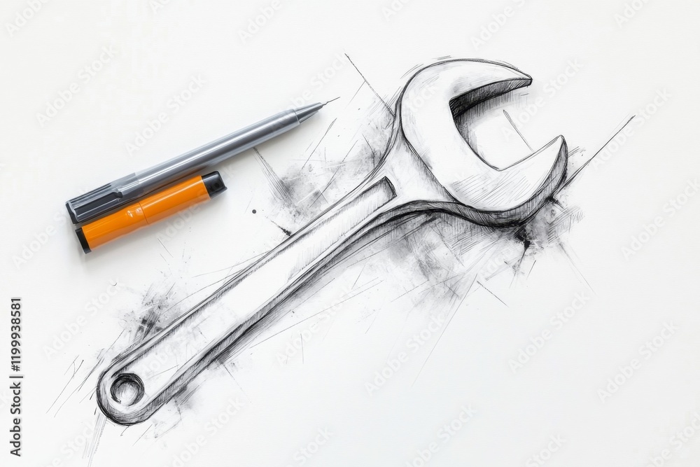 Aufkleber a minimalist depiction of a single wrench drawn in clean, bold lines with a subtle shadow on a white