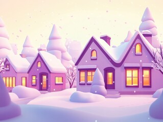A sleek and clean illustration of snow-capped houses in a serene winter scene, using lavender and pink accents, glowing amber lights in windows