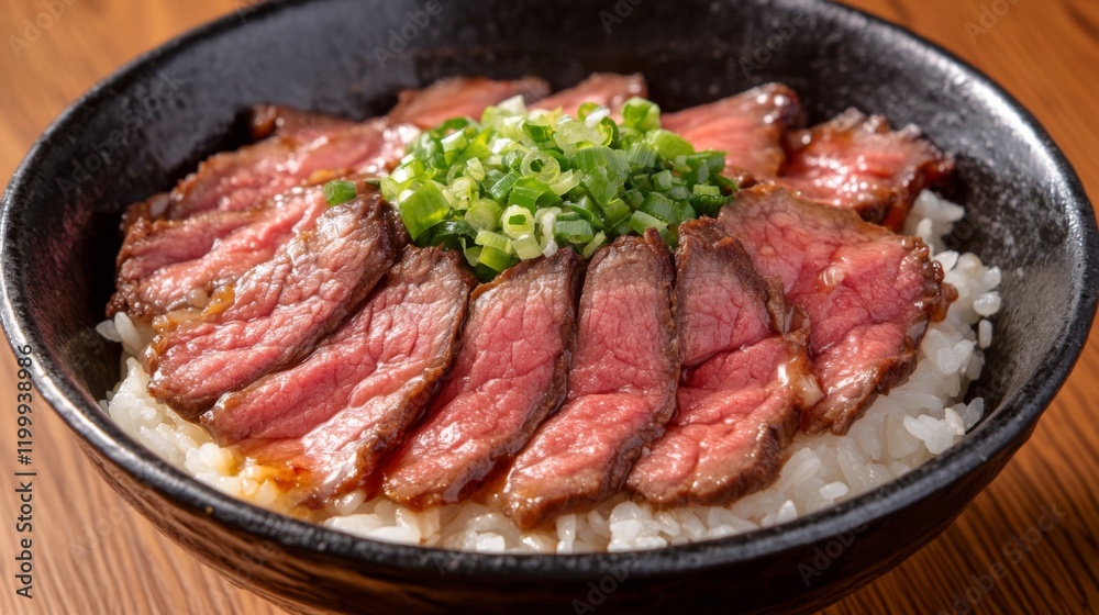 Poster a close-up of a bowl of fragrant jasmine rice topped with tender, slow-cooked beef slices, drizzled 