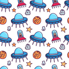 Vector seamless background with space elements. Pattern with rockets, planets and methiorite. Vector illustration for children. It can be used to design textiles, clothing, notebooks, wrapping paper