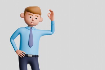 3D render of cartoon businessman in a blue shirt and tie making an OK gesture isolated on white background.