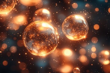 Bright bubbles floating in a dreamy, sparkling atmosphere filled with shimmering light and colors