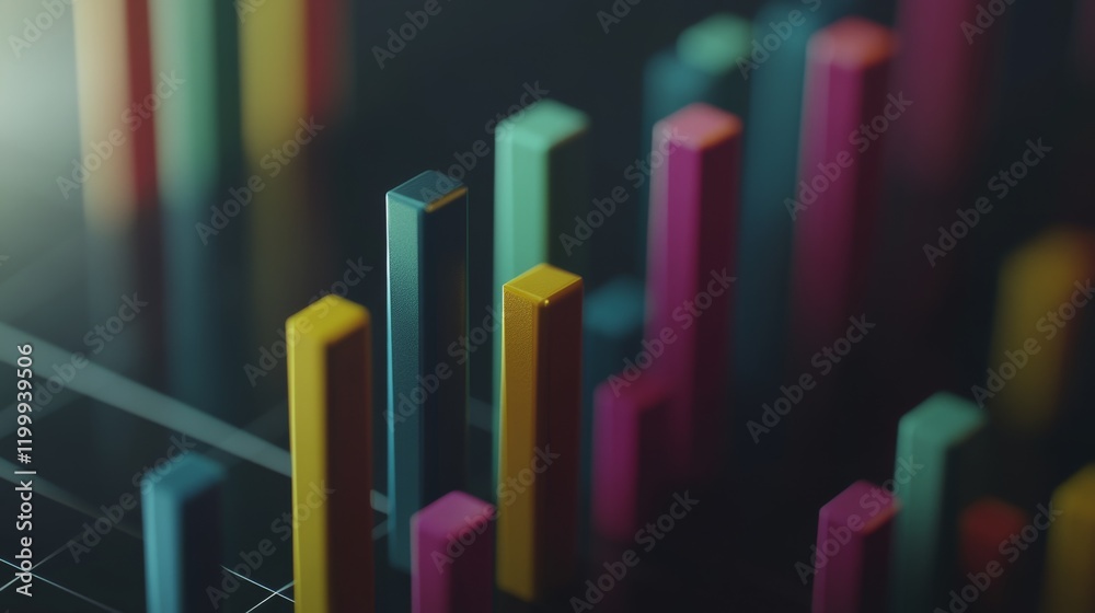 Poster a close-up of a financial bar graph on a business report, with colorful vertical bars illustrating m
