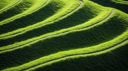 Fototapeta premium Lush Green Terraced Fields with Winding Paths Under Bright Sunlight in a Scenic Landscape