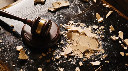 Broken gavel on a dark table symbolizing failed justice, legal corruption, or flawed systems—powerful visual for articles, campaigns, or legal reform discussions.
