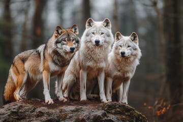 Naklejka premium A pack of wolves surrounding their alpha, standing tall and proud on a hilltop