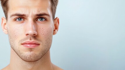 Fototapeta premium Facial skin problems concept. Young man with clear skin and blue eyes, looking directly at the camera against a light background.
