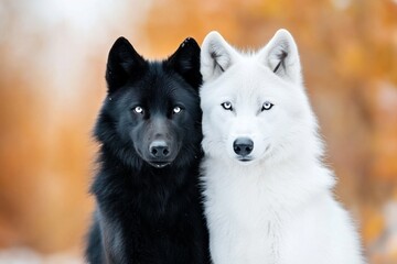 Obraz premium A pair of wolves nuzzling each other affectionately, symbolizing their bond and loyalty