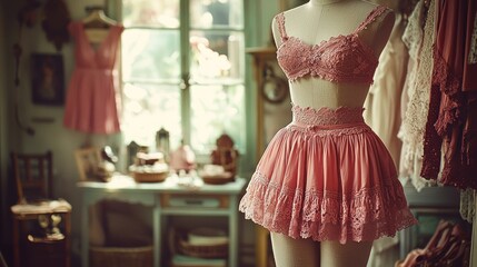 Pink lace lingerie displayed on mannequin, vintage shop, sunlit.