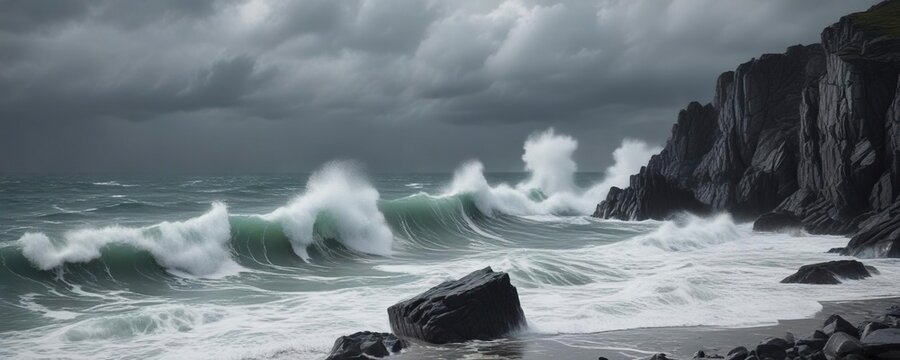 Grey stormy sky over tumultuous sea with waves crashing on rocky shore, dramatic, grey sky, stormy, sea, weather
