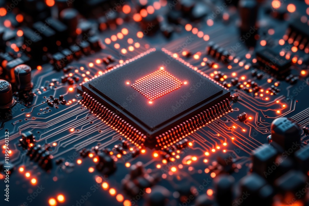 Poster close-up view of a glowing microprocessor on a circuit board showcasing intricate electronic connect
