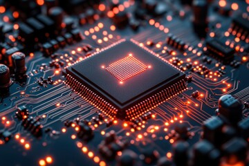 Fototapeta premium Close-up view of a glowing microprocessor on a circuit board showcasing intricate electronic connections