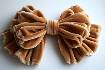 Large velvet hair bow in warm brown color with ruffled edges on a plain background