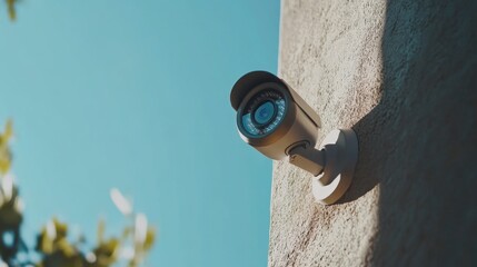 Fototapeta premium A close-up of a sleek, modern CCTV camera mounted on a wall, with a clear blue sky in the background, emphasizing its surveillance capabilities in urban settings.