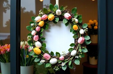 Colorful flower wreath decorates entrance of a charming flower shop in springtime © Magrelos