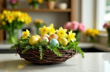 Colorful Easter eggs arranged in a nest with fresh flowers in a bright kitchen setting