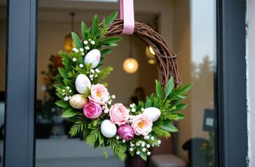 Beautiful spring wreath decorated with pastel flowers and Easter eggs at a storefront