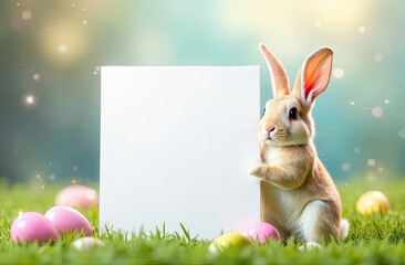 Cute rabbit holding a blank sign surrounded by pastel Easter eggs in a sunny garden