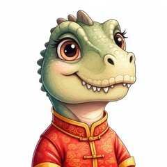 Adorable Dinosaur in Festive Attire - Cute cartoon dinosaur, wearing traditional red clothing, symbolizing joy, celebration, cuteness, tradition, and friendship.