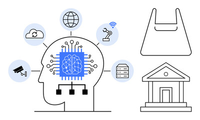 Human head with brain circuit, connected to symbols cloud, globe, robot arm, security camera, server, bank, and shopping bag. Ideal for AI technology automation cybersecurity e-commerce data
