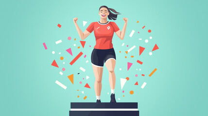 female athlete celebrates victory on podium, surrounded by colorful confetti. Her joyful expression and raised fists convey triumph and achievement in sports