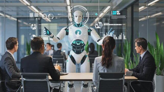The Future of Business: An advanced humanoid robot delivers a presentation to a team of professionals in a modern office setting,  envisioning a future where technology and human collaboration thrive.