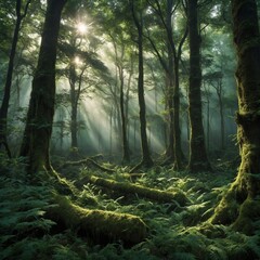 Obraz premium This enchanting wallpaper features a cool, mystic forest, where sunlight filters through a dense canopy of lush green trees. 